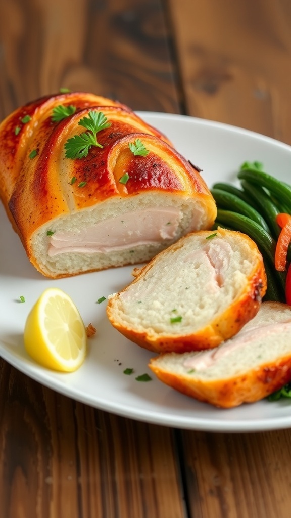 A golden-brown salmon loaf sliced and garnished with parsley, served with vegetables and lemon on a rustic table.